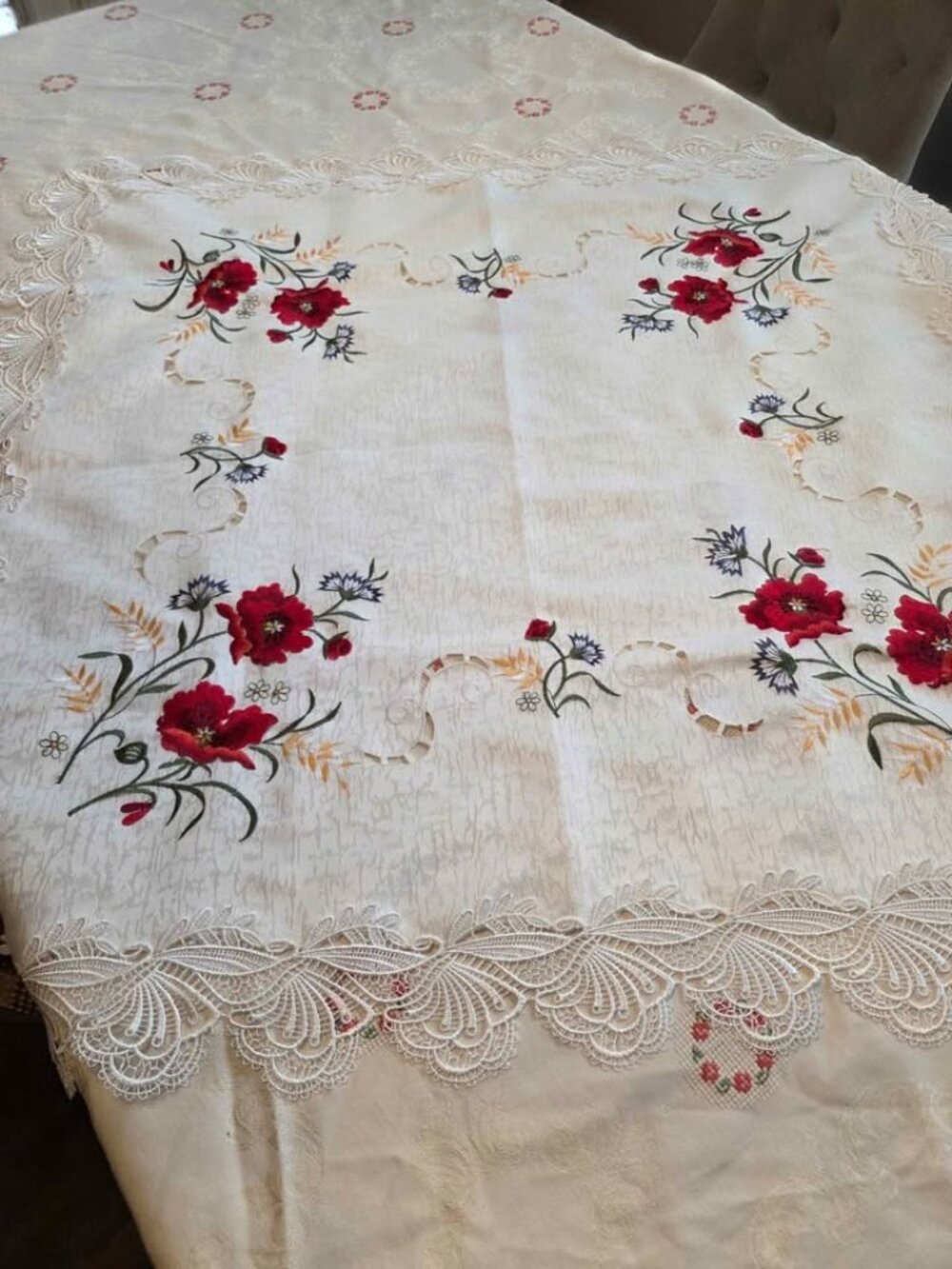 Floral embroidered table linen sqaure approximately 34"x34"